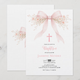Pink Bow Cross Floral Girl Baptism Invitation