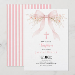 Pink Bow Cross Floral Stripes Girl Baptism Invitation