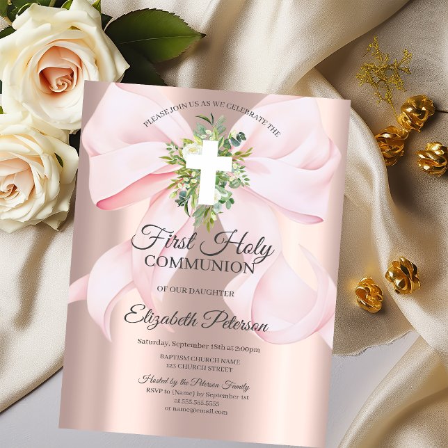 Pink Bow Cross Leaves First Holy Communion  Invitation (Creator Uploaded)