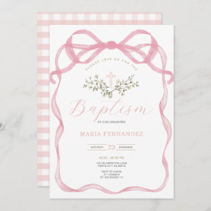 Pink Bow Cross Wildflowers Baptism Invitation