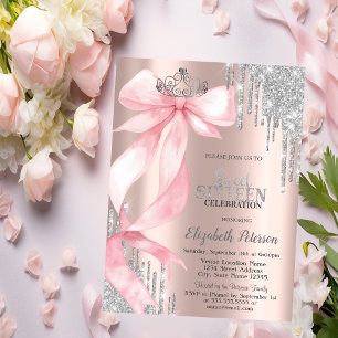 Pink Bow Crown Glitter Drips Rose Gold Sweet 16 Invitation