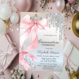 Pink Bow Crown Glitter Drips Silver Quinceañera Invitation