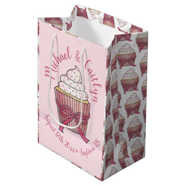 Pink Bow Cupcake Love Cake Wedding Program Medium Gift Bag (Front Angled)