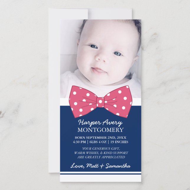 Pink Bow Custom Photo Baby Shower Thank You Card (Front)