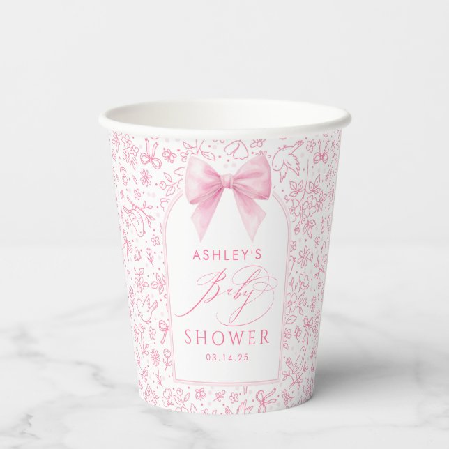 Pink Bow Cute Floral Arch Chinoiserie Baby Shower  Paper Cups (Back)
