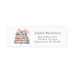 Pink bow cute watercolor books Return Address Label