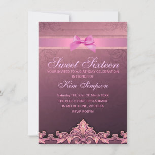 Pink Bow & Damask Sweet 16 Birthday Invite
