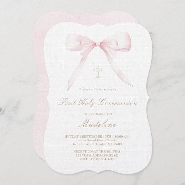  pink bow design First Holy Communion girl Invitation (Front/Back)