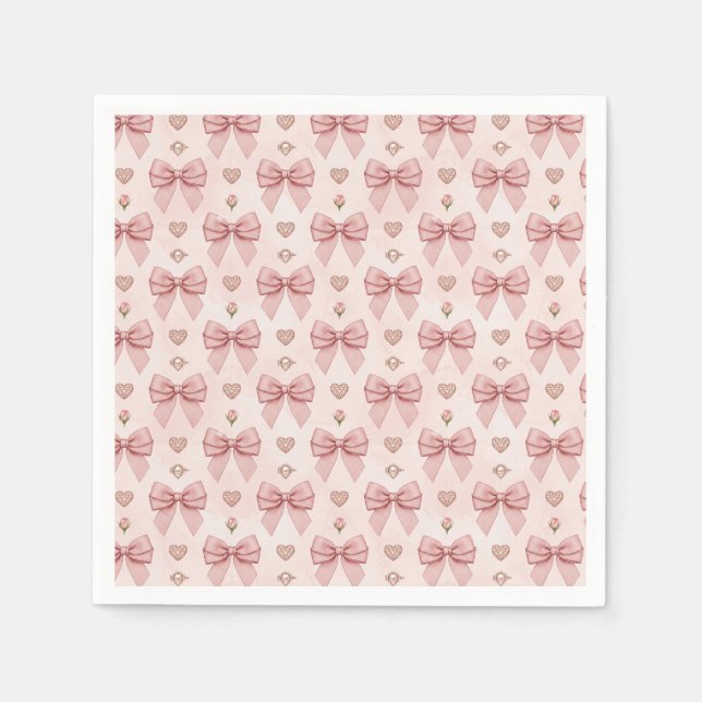 Pink Bow Diamond Ring Heart Pattern Napkin (Front)