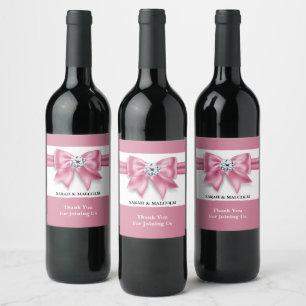 Pink bow diamond sparkle elegant wedding favour wine label