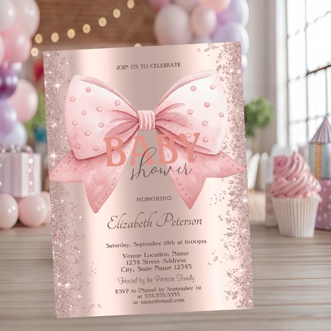 Pink Bow Diamonds Dust Rose Gold Baby Shower Invitation (Creator Uploaded)