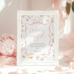 Pink Bow Diaper raffle Wildflower Baby shower Poster