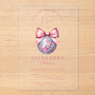 Pink Bow Disco Ball Graduation Party Acrylic Invitations