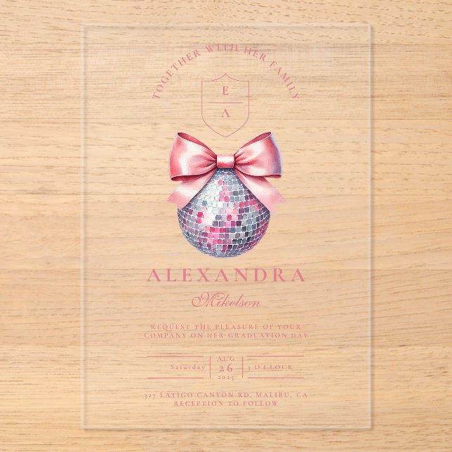 Pink Bow Disco Ball Graduation Party Acrylic Invitations (Front)