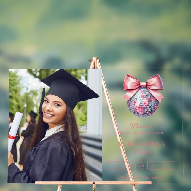 Pink Bow Disco Ball Graduation Party Acrylic Sign (Neutral)