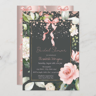 Pink Bow Dots Roses Rose Gold Bridal Shower Invitation