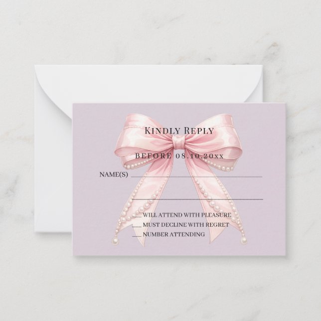 Pink bow dusty lavender response RSVP Card (Front)