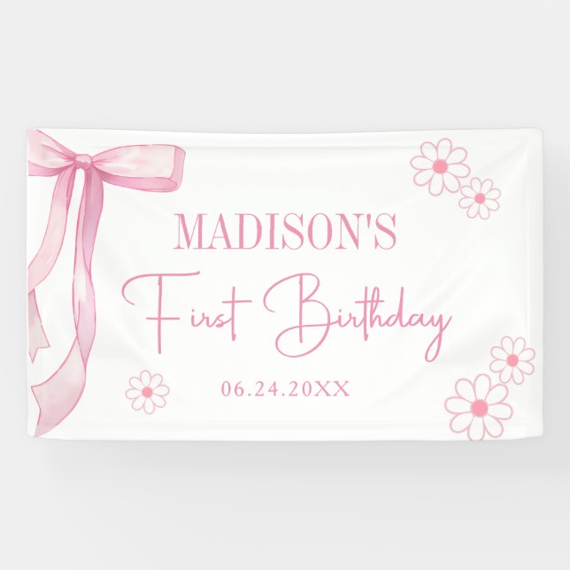 Pink Bow Elegant 1st Birthday Banner (Horizontal)