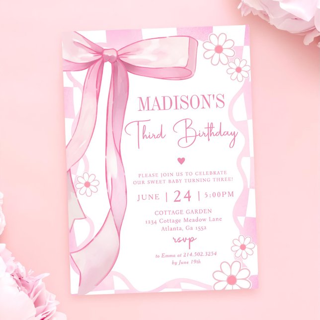 Pink Bow Elegant 3rd Birthday  Invitation (Creator Uploaded)