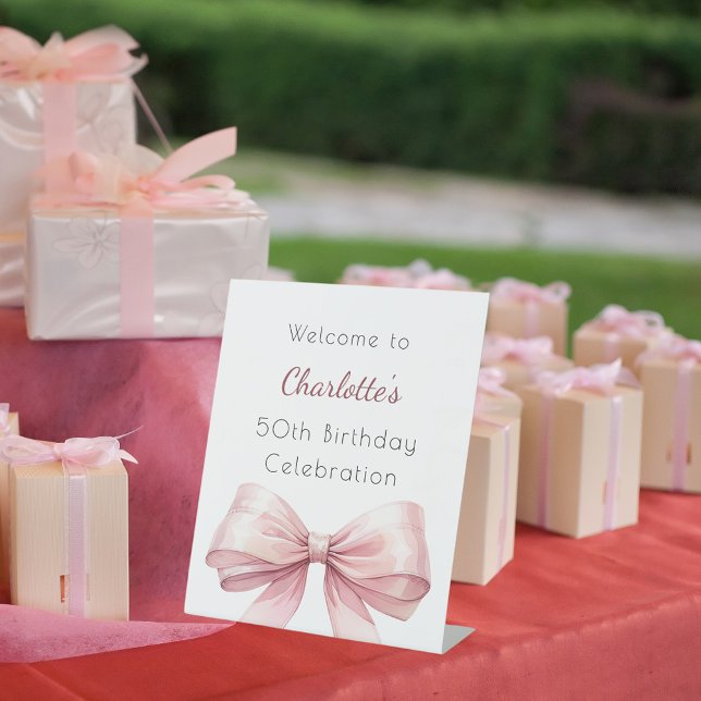 Pink bow elegant birthday party welcome pedestal sign (Creator Uploaded)