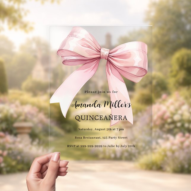 Pink bow elegant Quinceanera luxury clear Acrylic Invitations (Creator Uploaded)
