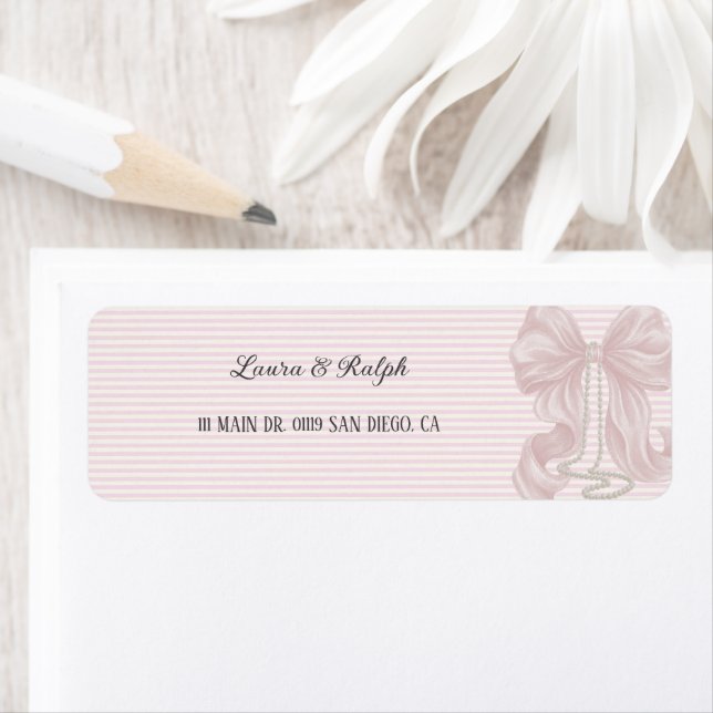 Pink Bow Elegant Striped Return Address Label (Insitu)