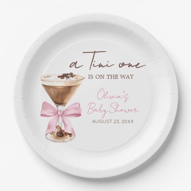 Pink Bow Espresso Martini Baby Shower Paper Plate (Front)