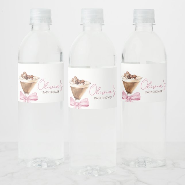 Pink Bow Espresso Martini Baby Shower Water Bottle Label (Bottles)