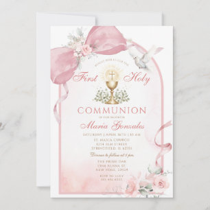 Pink Bow Eucharist Dove Girl First Holy Communion Invitation