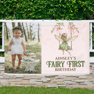 Pink Bow Fairy First 1st Birthday Cute Photo Vinyl Banner