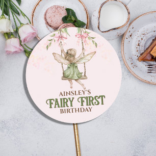 Pink Bow Fairy First 1st Birthday Personalised Classic Round Sticker