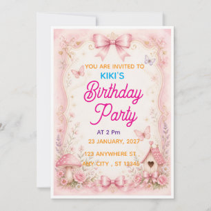 Pink Bow Fairy Garden Birthday Invitation