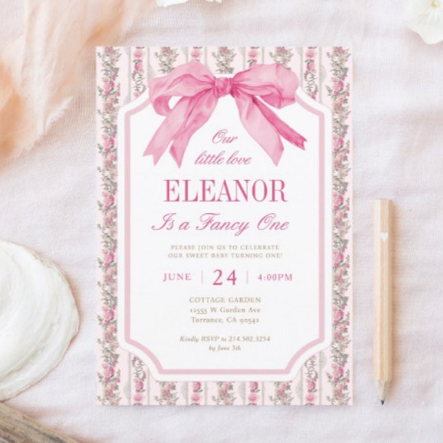 Pink Bow Fancy ONE Girl 1st Birthday  Invitation (Creator Uploaded)