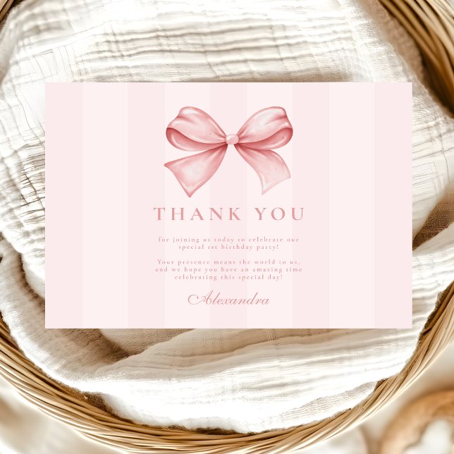 Pink Bow Fancy ONE Girl 1st Birthday  Thank You Card (Creator Uploaded)