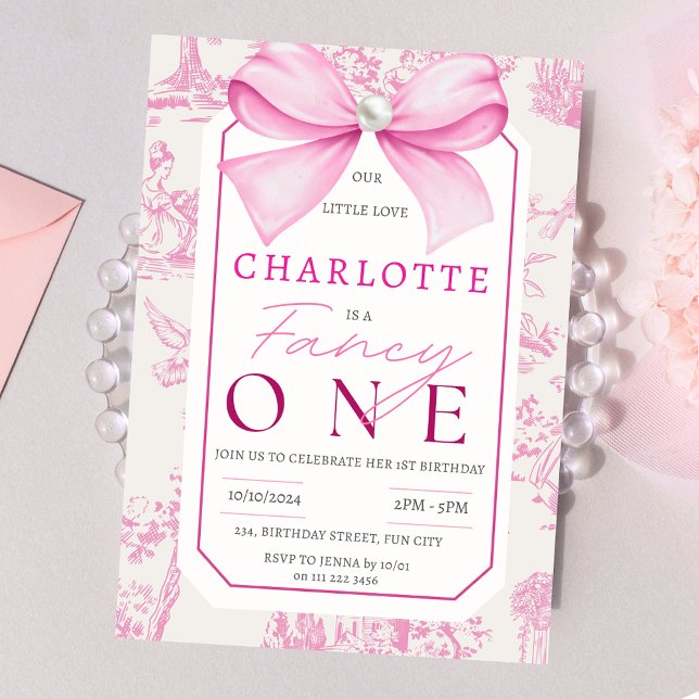 Pink Bow Fancy One Girl Chic Coquette 1st Birthday Invitation (Pink Bow Fancy One Chic Coquette Girl 1st Birthday Invitation)
