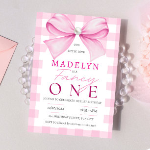 Pink Bow Fancy One Girl Chic Coquette 1st Birthday Invitation