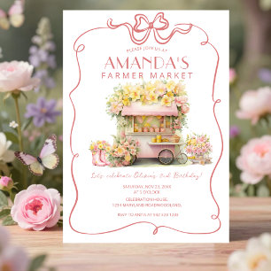 Pink Bow Farmer Market Floral Birthday Invitation