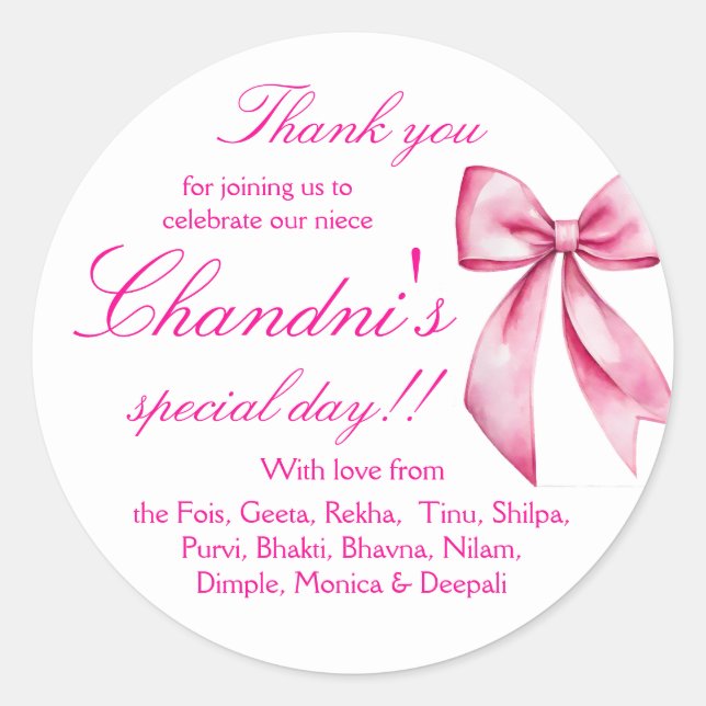 Pink bow favour thank you stickers (Front)