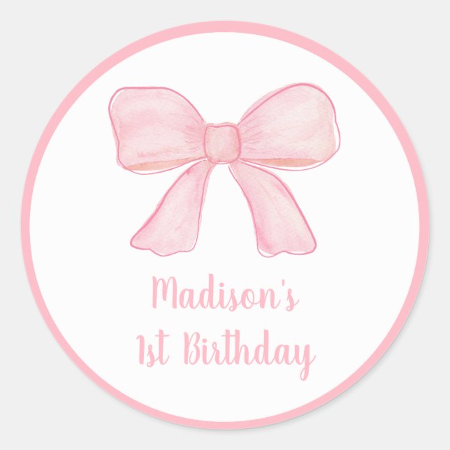 Pink Bow First Birthday Classic Round Sticker (Front)