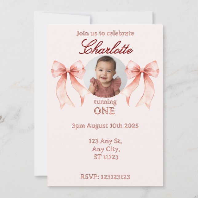 Pink Bow First Birthday! Invitation (Front)