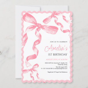 Pink Bow First Birthday Invitation, One Birthday Invitation