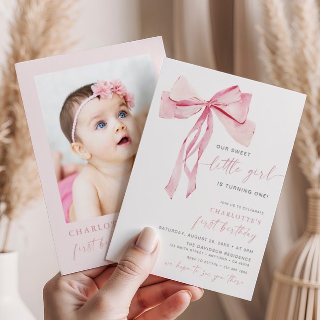 Pink Bow First Birthday Invitation Photo Coquette (Creator Uploaded)