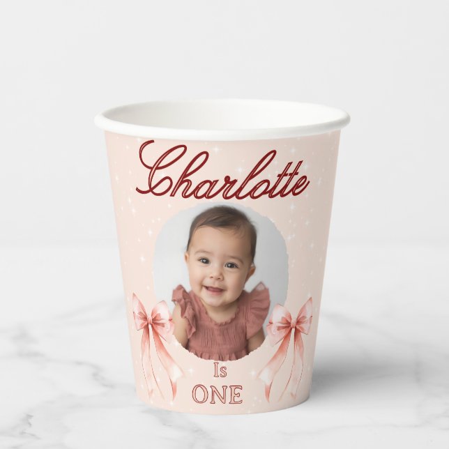Pink Bow First Birthday! Paper Cups (Front)