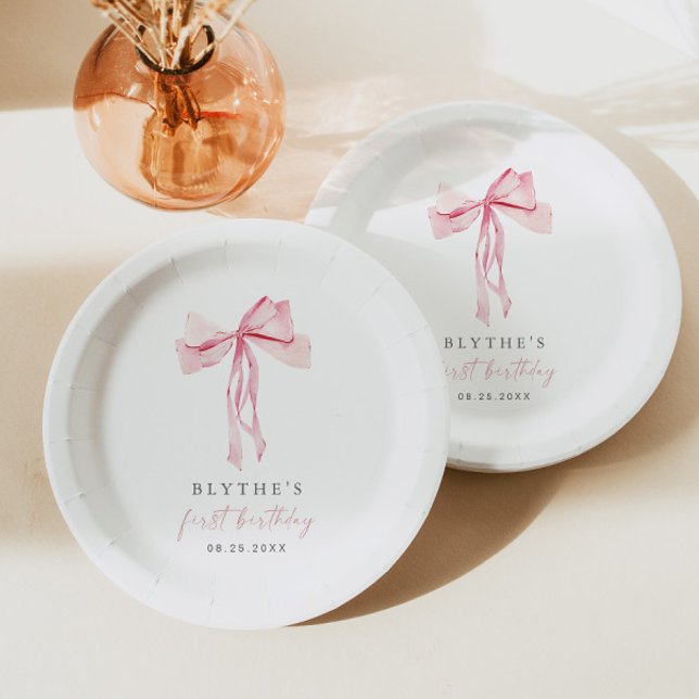 Pink Bow First Birthday Paper Plate Girl Blush (Creator Uploaded)