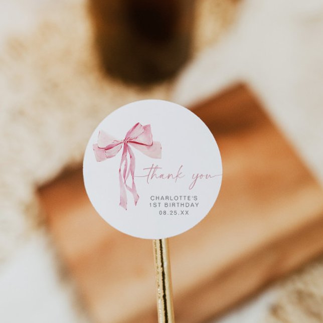 Pink Bow First Birthday Round Sticker Blush Ribbon (Creator Uploaded)