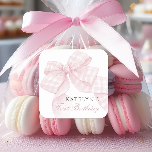 Pink Bow First Birthday Square Sticker (Creator Uploaded)