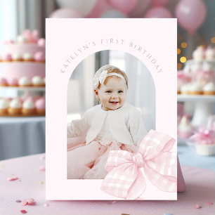Pink Bow First Birthday Thank You Card