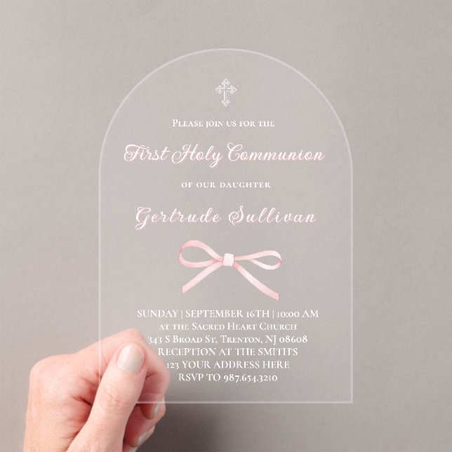 Pink bow First Holy Communion girl Acrylic Invitations (Insitu (Handheld))