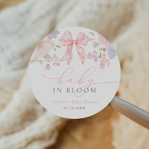 Pink Bow Floral Baby in Bloom Girl Baby Shower Classic Round Sticker