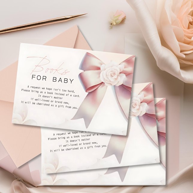 Pink Bow floral Baby Shower books for Baby Enclosure Card (Creator Uploaded)